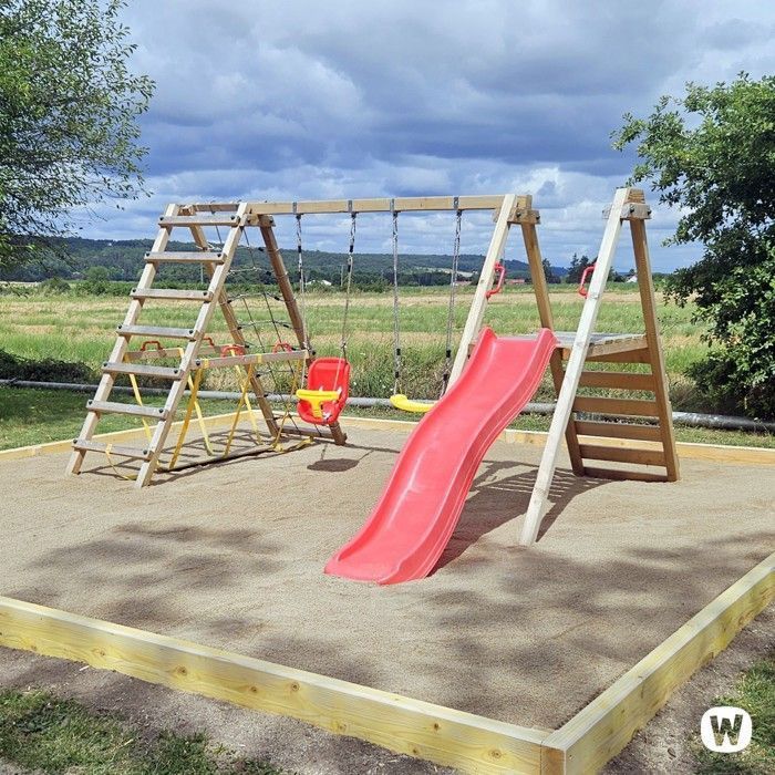 Columpio doble de madera WICKEY Smart Shake con tobogán verde de 220 cm y estructura para trepar – 10 años de garantía*