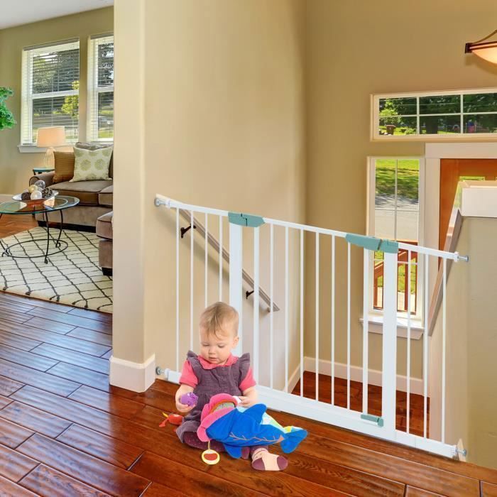 COSTWAY Barrière de Sécurité Bébé Extensible Large 80-132 cm Double Verrouillage Fermeture Automatique par Pression sans Perçage