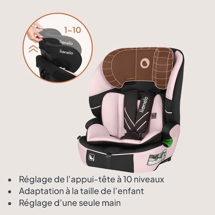 Seggiolino auto convertibile LIONELO Levi Fix i-Size - ISOFIX - 76-150 cm - Seduta larga - Gruppo 1/2/3 - Rosa