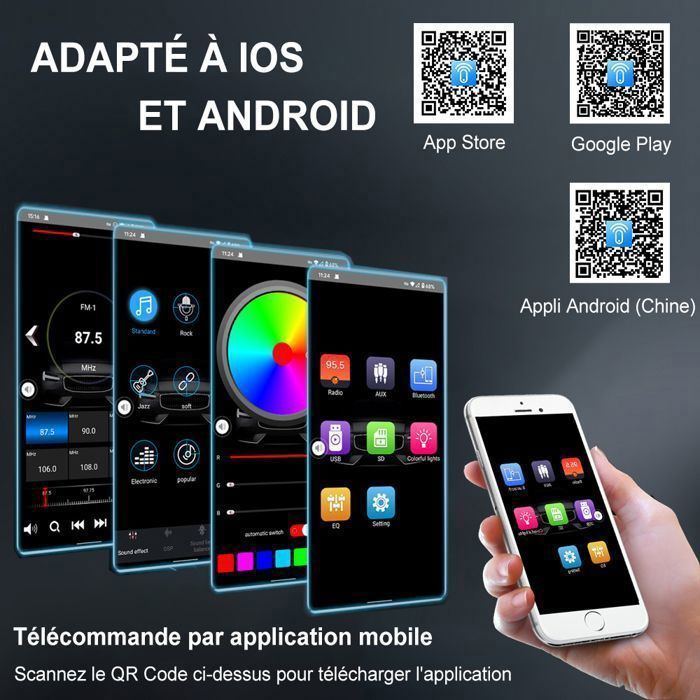 Radio para coche Bluetooth 1 DIN - 7 colores FM Bluetooth 5.0 - para coches de 12V Compatible con 2 USB/AUX/MP3/iOS/Android