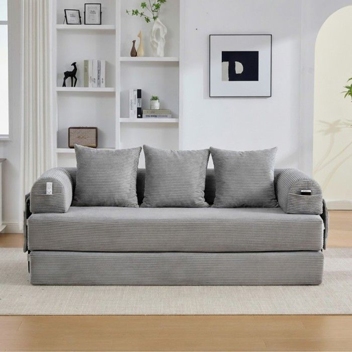 Modular Sofa - LANGTU - Modular - Light Grey Corduroy - Metal Frame - 3 Cushions & Side Pocket