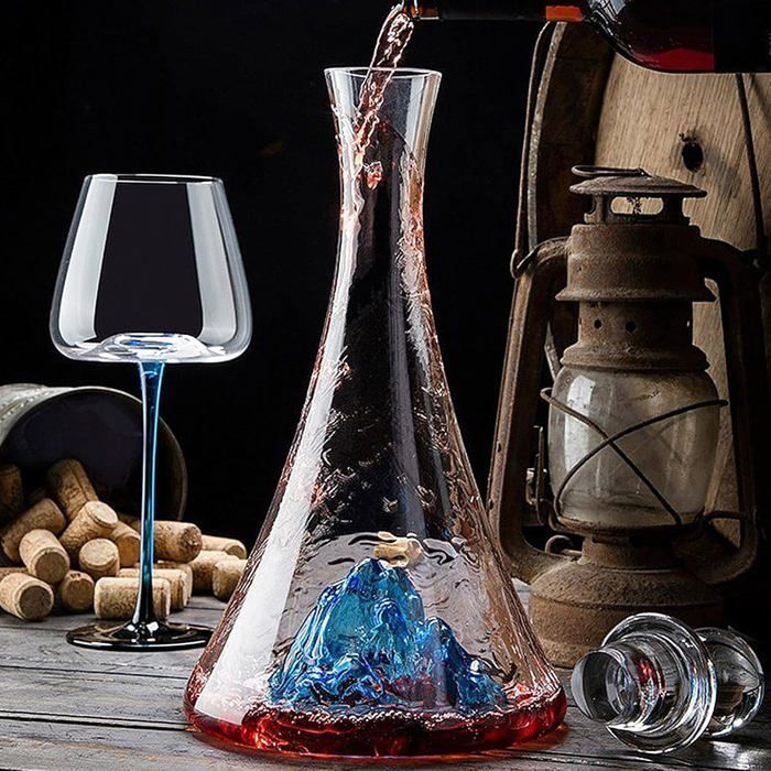Decantador de vino de cristal de lujo con cascada azul Iceberg integrada, aireador de vino sin plomo con tapón de cristal (1,15 l)