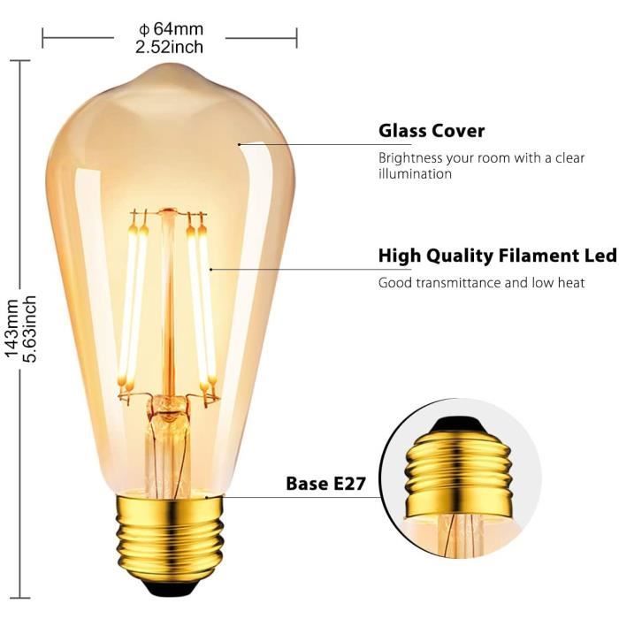 Paquete de 6 bombillas LED Edison E27 vintage - Blanco cálido - Base ST64 - BLEOSAN