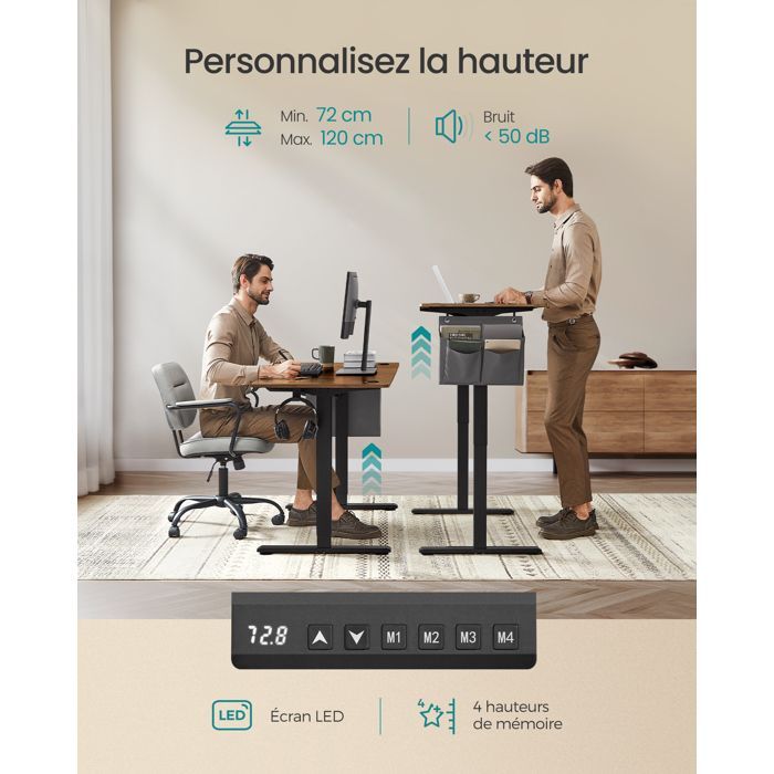 Bureau électrique assis-debout - SONGMICS - 60 x 120 cm - 4 hauteurs mémorisables - Marron rustique et noir