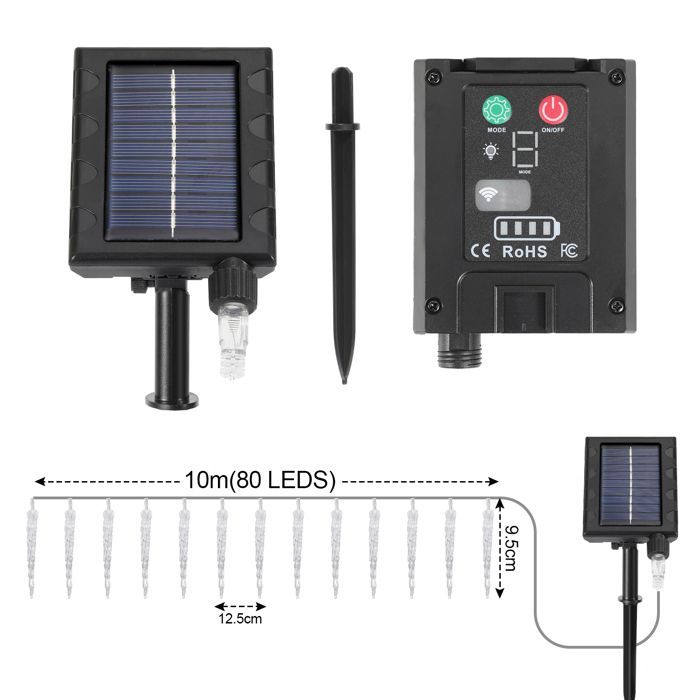 Luzes de Natal Riossad com 80 LEDs em formato de pingente de gelo, movidas a energia solar, ideais para iluminação de Natal, jardim, áreas externas e internas.