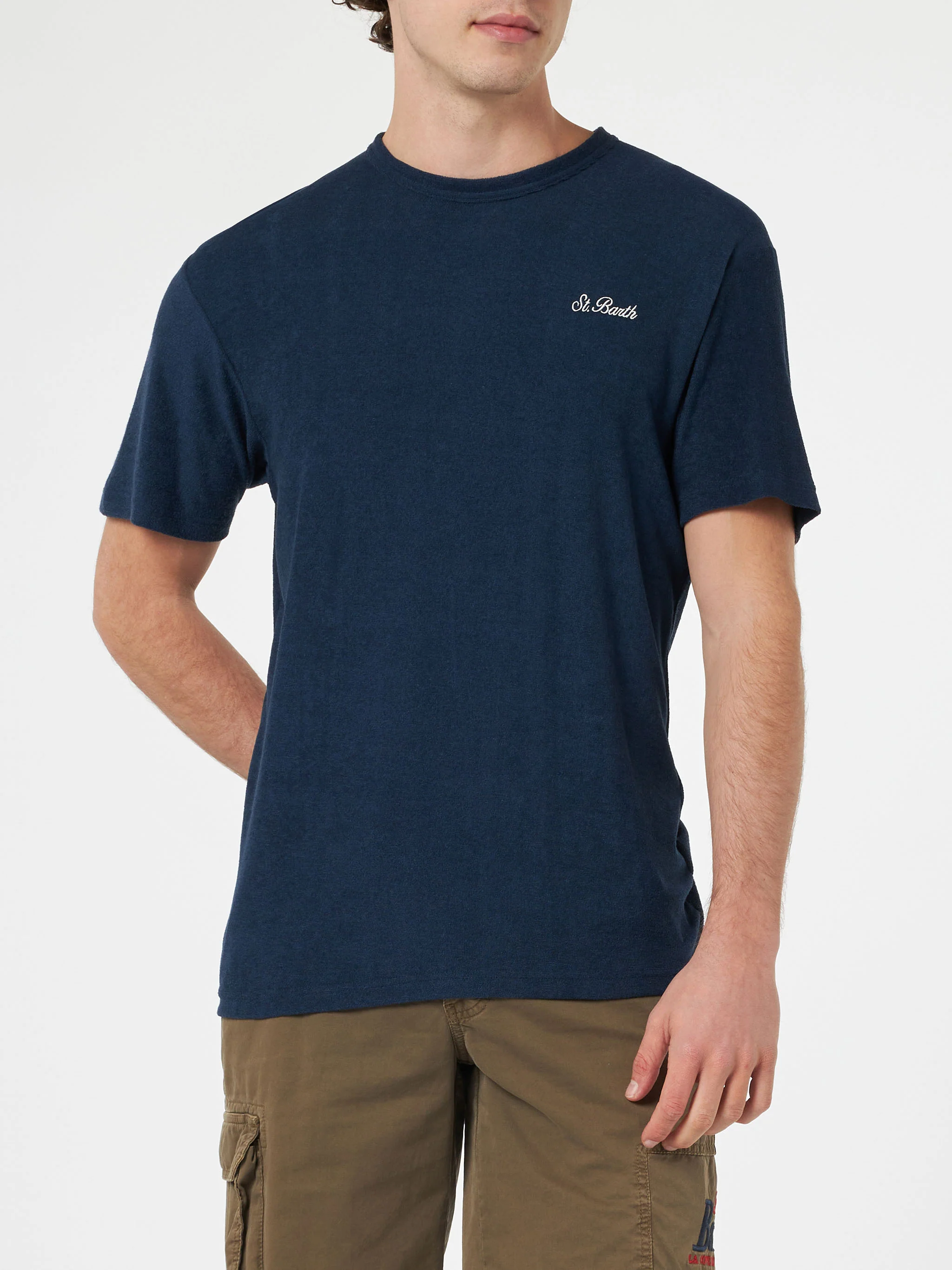Gary heren T-shirt van marineblauw badstof met St. Barth-borduurwerk