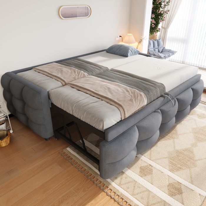 Sofá cama tapizado/cama extensible - 90/180x190 cm - Gris - Tejido de terciopelo Teddy - Multifuncional - Base de láminas