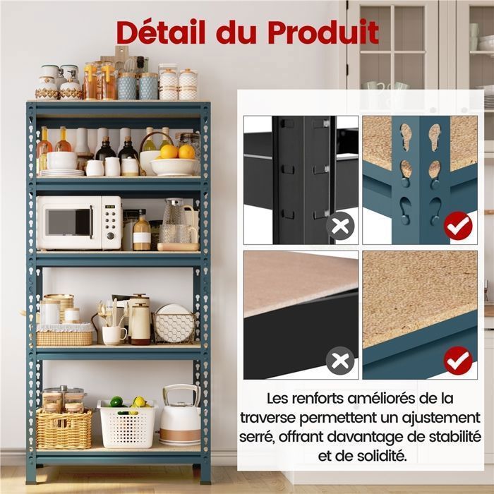 Étagère de Rangement 5 Niveaux 150x70x30cm, Assemblage sans Vis Cadre Métal Planches MDF, pour Garage/Maison, Bleu Marin YAHEETECH