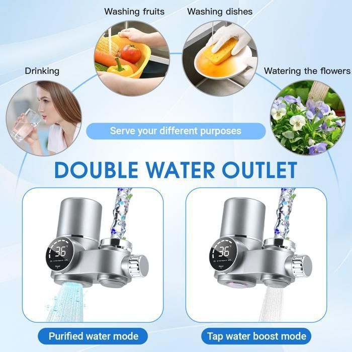 Rubinetto da cucina con filtro per l'acqua, display a LED e filtro a carboni attivi per rimuovere cloro e metalli pesanti.
