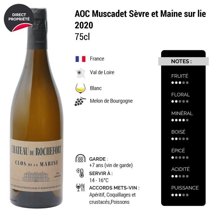 Château de Rochefort Muscadet Sèvre et Maine sur lie Clos de la Marine 2020 - Vino bianco della Valle della Loira (6x75cl)