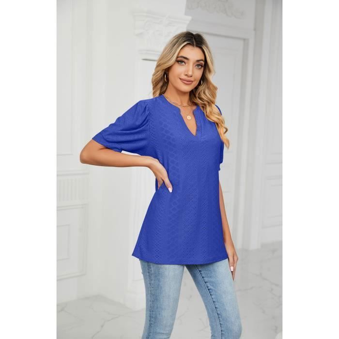 T-shirt Femme Col V Manches courtes Ciselé - Bleu - INSFITY - 65% Rayonne, 30% Polyester, 5% Elasthanne