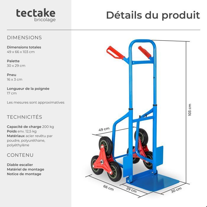 TECTAKE - Carretilla elevadora para escaleras - Plataforma plegable, ruedas de 6 radios, capacidad de 200 kg, acero - azul