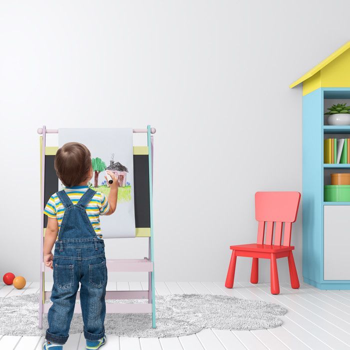 Relaxdays Tableau pour enfants deux en un, 90 x 56 x 42 cm, rouleau de papier, craie, dessin, dimensions, multicolore
