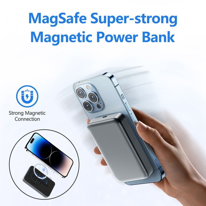 Batería externa magnética - 10000 mAh - Carga rápida - Puerto USB-C - Plateada