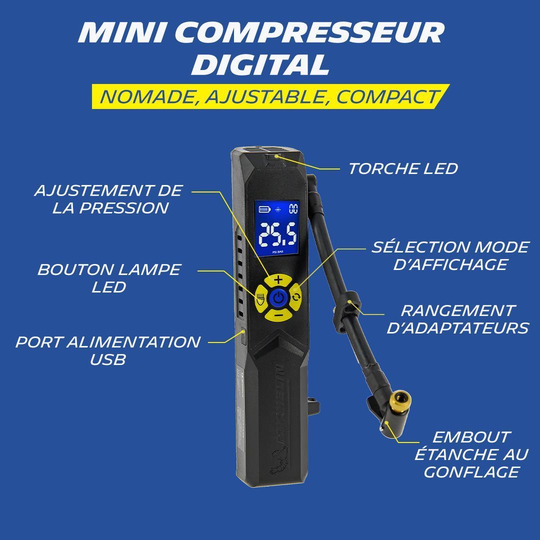Mini compressore senza fili - MICHELIN - Pompa elettrica - Manometro digitale - 10 bar - Ricaricabile tramite USB