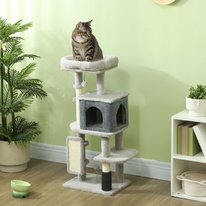 Arbre à chat - PawHut - hauteur 104 cm - avec tapis griffoir, lit maison pour chat, brosse de toilettage, plateformes - gris clair
