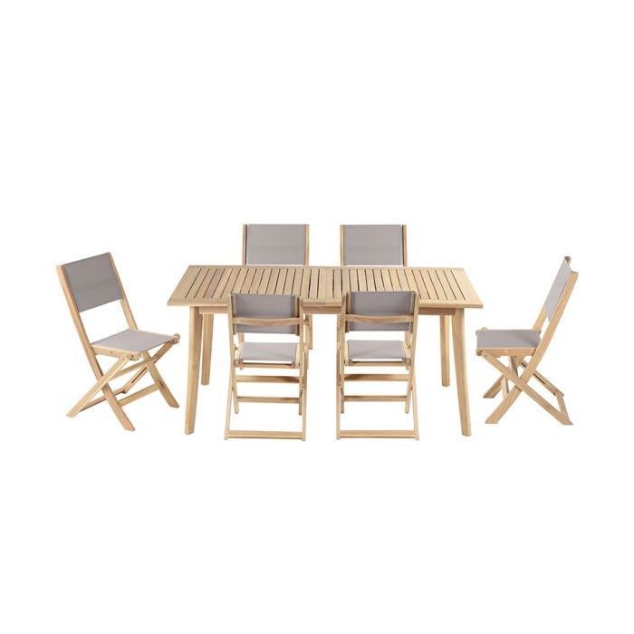 Conjunto de mesa y 6 sillas MOLA, 160/220 cm, madera de acacia y textilene.