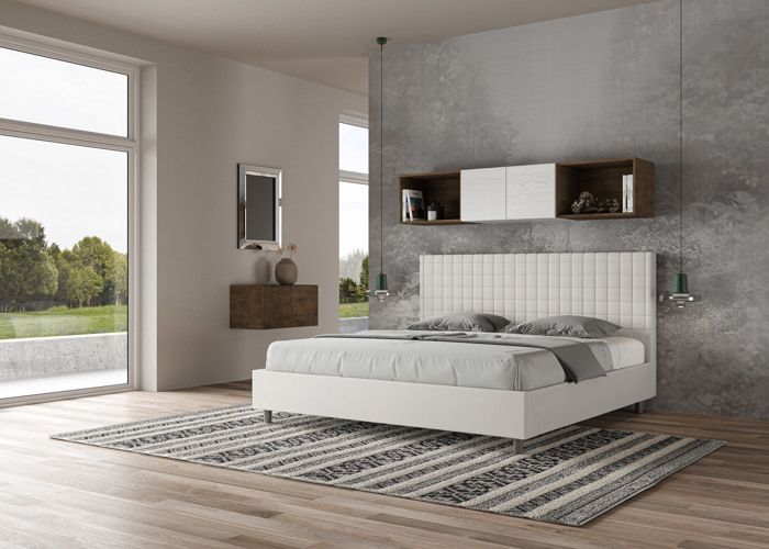 King size bed - Ityhome - Sunny - 200x210 cm - White faux leather - Upholstered headboard