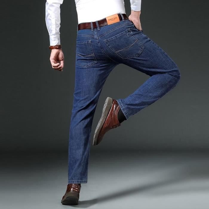 Pantalones vaqueros rectos elásticos para hombre, otoño/invierno, cintura alta, 5 bolsillos, efecto lavado - Azul