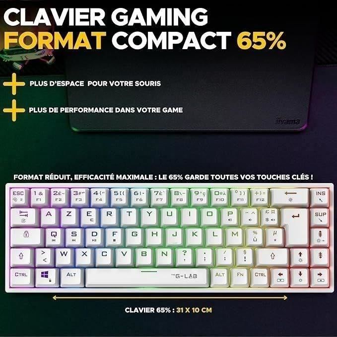 Teclado Gamer Sem Fio - The G-Lab - KEYZ TITAN - Mecânico (Switch Vermelho) - AZERTY - Modo Triplo - RGB - Branco