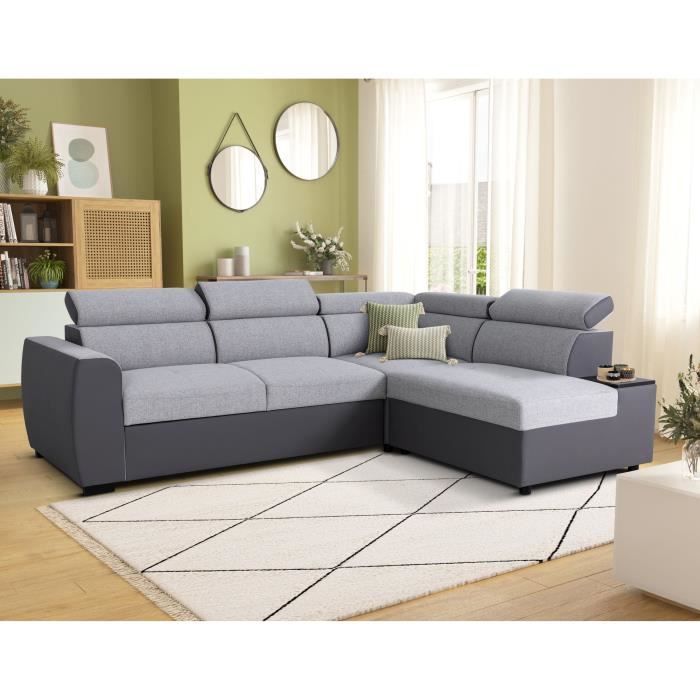 Sofá de canto conversível reversível - 4/5 lugares - KELIO - Tecido Simili Antracite/Cinza - 3 cadeiras - 245 x 184 x 77/87 cm