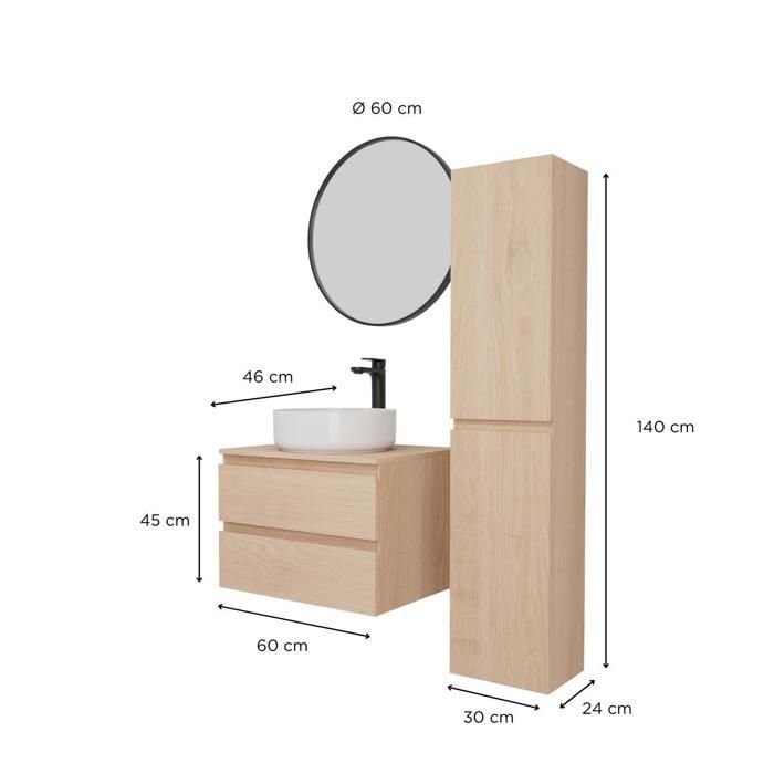 Set mobile bagno singolo SORRENTO da 60 cm + lavabo + rubinetto + specchio + colonna