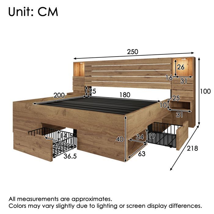 Upholstered Double Bed 180x200 cm with LED Lighting, 3 Storage Drawers, Floating Bedside Tables and USB Ports - Oak Effect