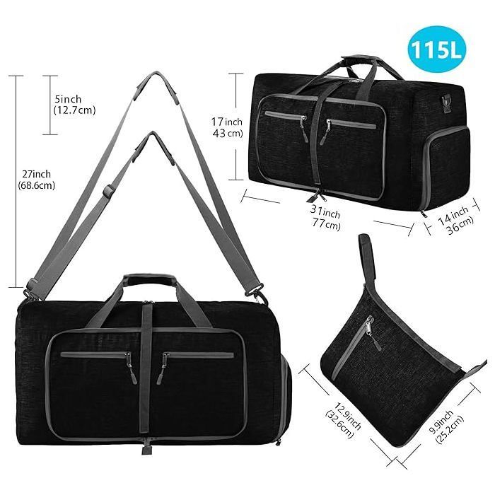 Große, leichte und wasserdichte Reisetasche (115 l) für Damen und Herren mit Schuhfach, Schwarz