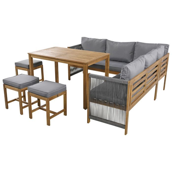 Set di mobili da giardino per 7-8 persone - 2 divani, 3 sgabelli e 1 tavolo da pranzo - struttura in legno di acacia - Grigio