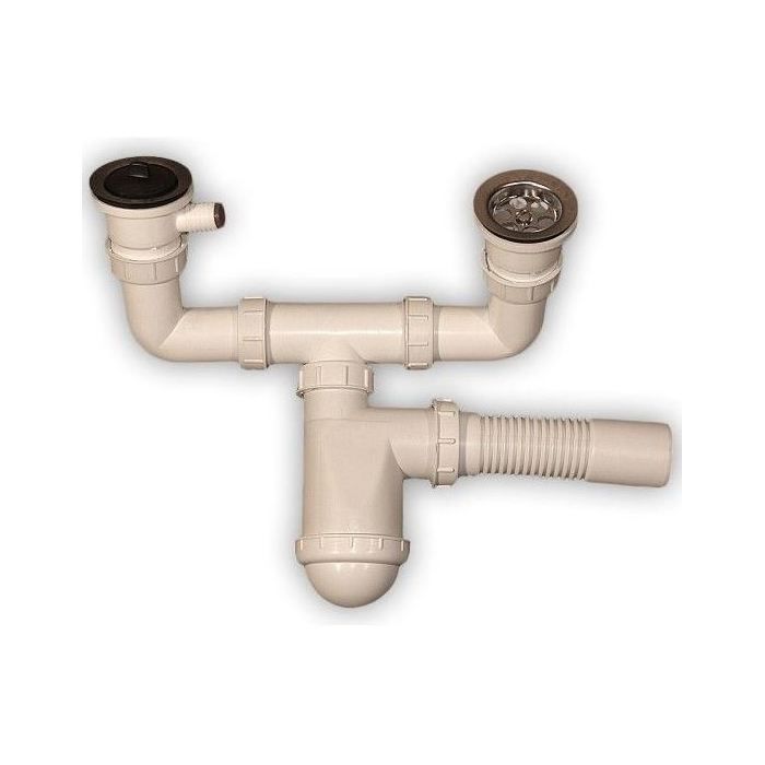 Siphon d'évier 2 chambres - UN - Filtre métallique - Sortie pour machine à laver - Blanc - Connexion lave-vaisselle