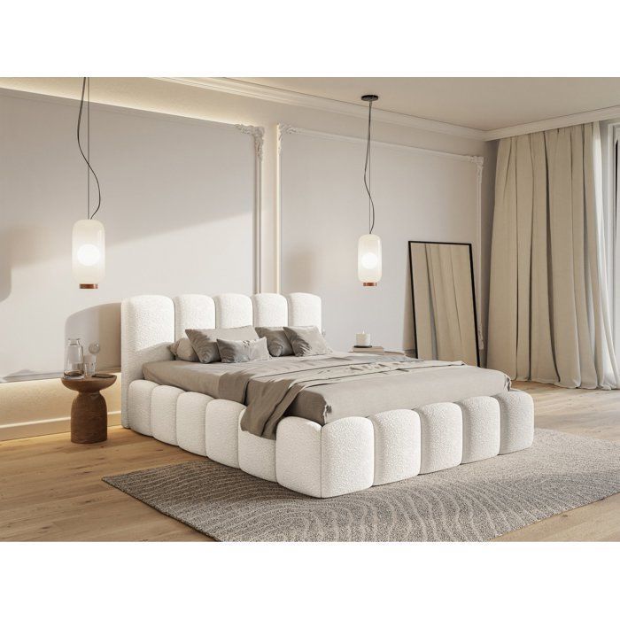Cama con cabecero y espacio de almacenamiento - CLOUDY II - 180x200 cm - en bouclé color crema