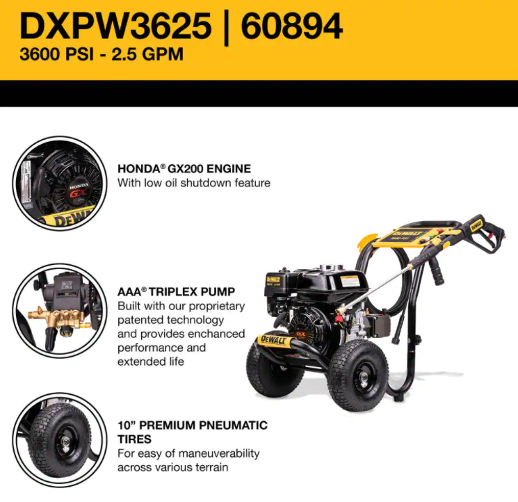Lavadora de alta pressão DEWALT 3600 PSI 2.5 GPM a gasolina e água fria, modelo profissional, com motor HONDA GX200.