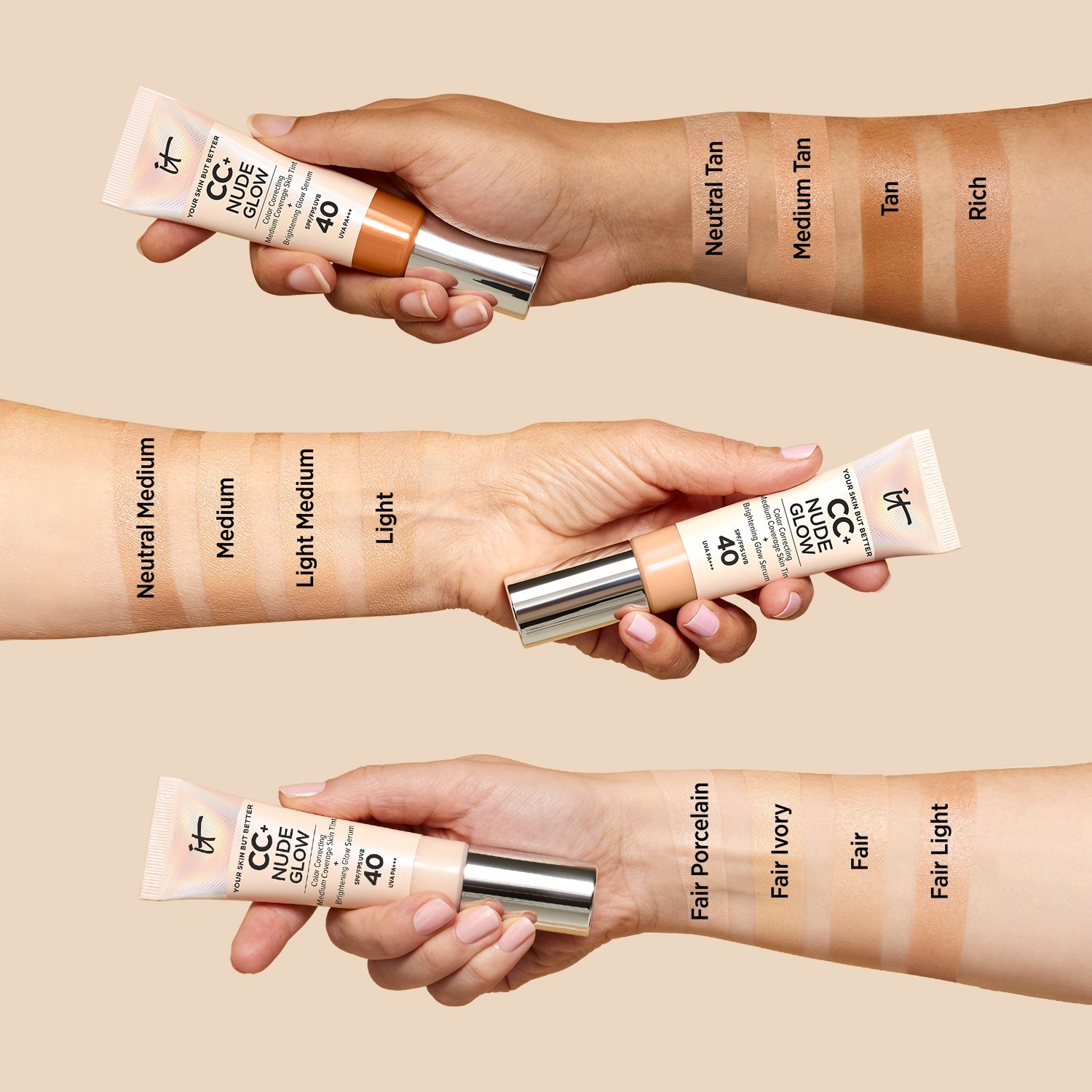 IT Cosmetics CC Cream Your Skin But Better CC+ Nude Glow Μεσαίας Κάλυψης, Ορός με Χρώμα για Λάμψη + SPF 40 - 32 ml