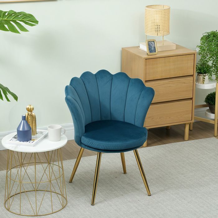 Sillón HOMCOM con forma de concha, silla de tocador en terciopelo con patas de metal dorado para sala de estar, dormitorio y comedor, azul