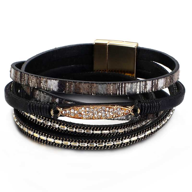 Pulseira de couro colorida para mulheres, pulseira com pingente de pedra natural tcheca e cristais.