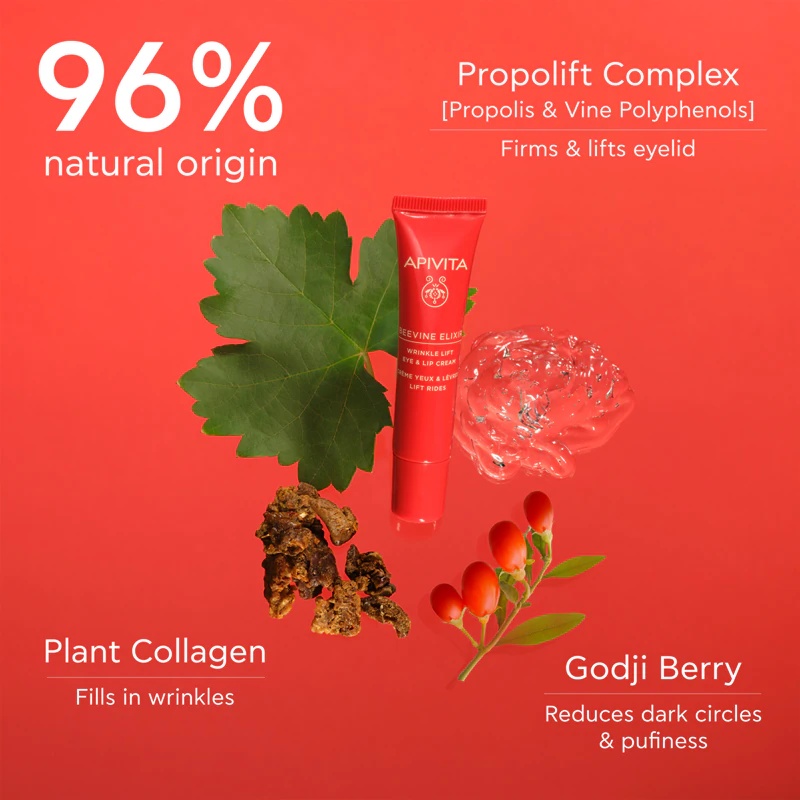 „Apivita Beevine Elixir“ paakių ir lūpų kremas, intensyviai stangrinamasis paakių kremas nuo raukšlių ir tamsių ratilų po akimis.