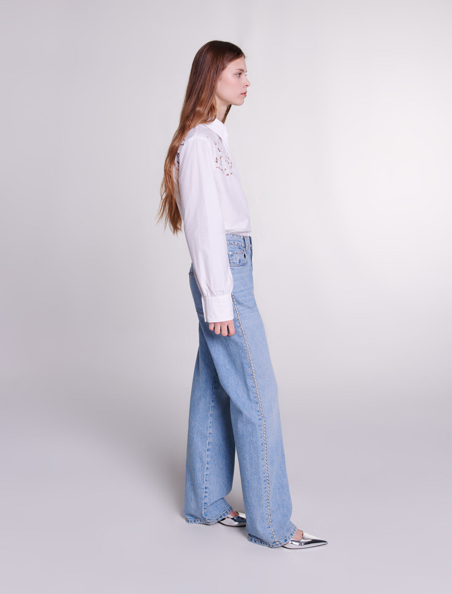 Jeans met wijde pijpen en studs - Blauw