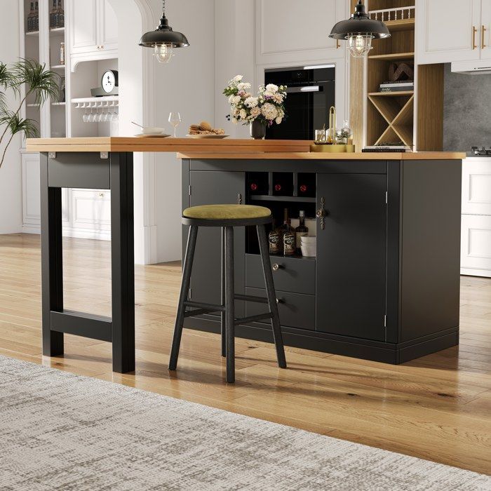 Isla de cocina multifuncional extensible, mesa de bar ajustable con rotación de 360° (120-180 cm), con 2 cajones y puertas, color negro.