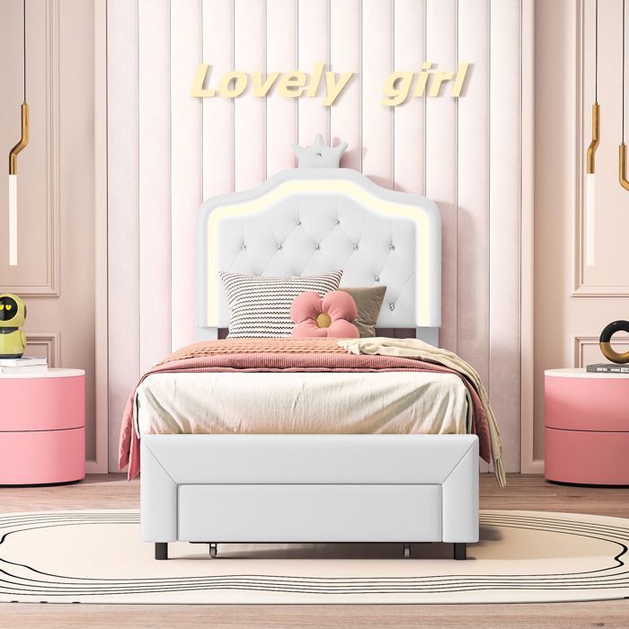 Cama infantil de 90 x 200 cm con cajones - Estructura de cama con cabecero regulable - Iluminación LED - Cama individual para niñas con somier de láminas - En piel sintética