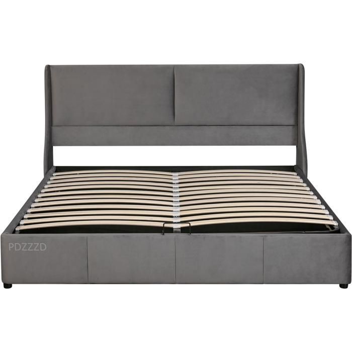 Tweepersoonsbed 180 x 200 cm, hoofdeinde met kussen, lattenbodem, hydraulisch verstelbaar bed, flanellen bekleding, grijs