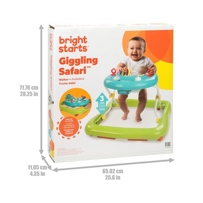 BRIGHT STARTS Sammenleggbar gåstol - Safari - Interaktive leker, justerbar høyde, babygave 6M+
