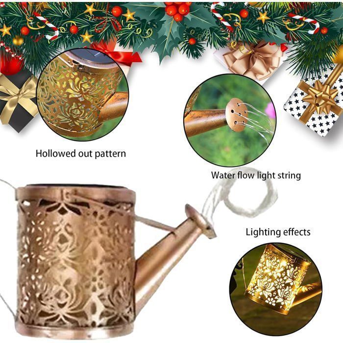Regador solar iluminado para exterior com Papai Noel, decoração natalina com efeito de fonte, luzes de LED coloridas e à prova d'água para o jardim.