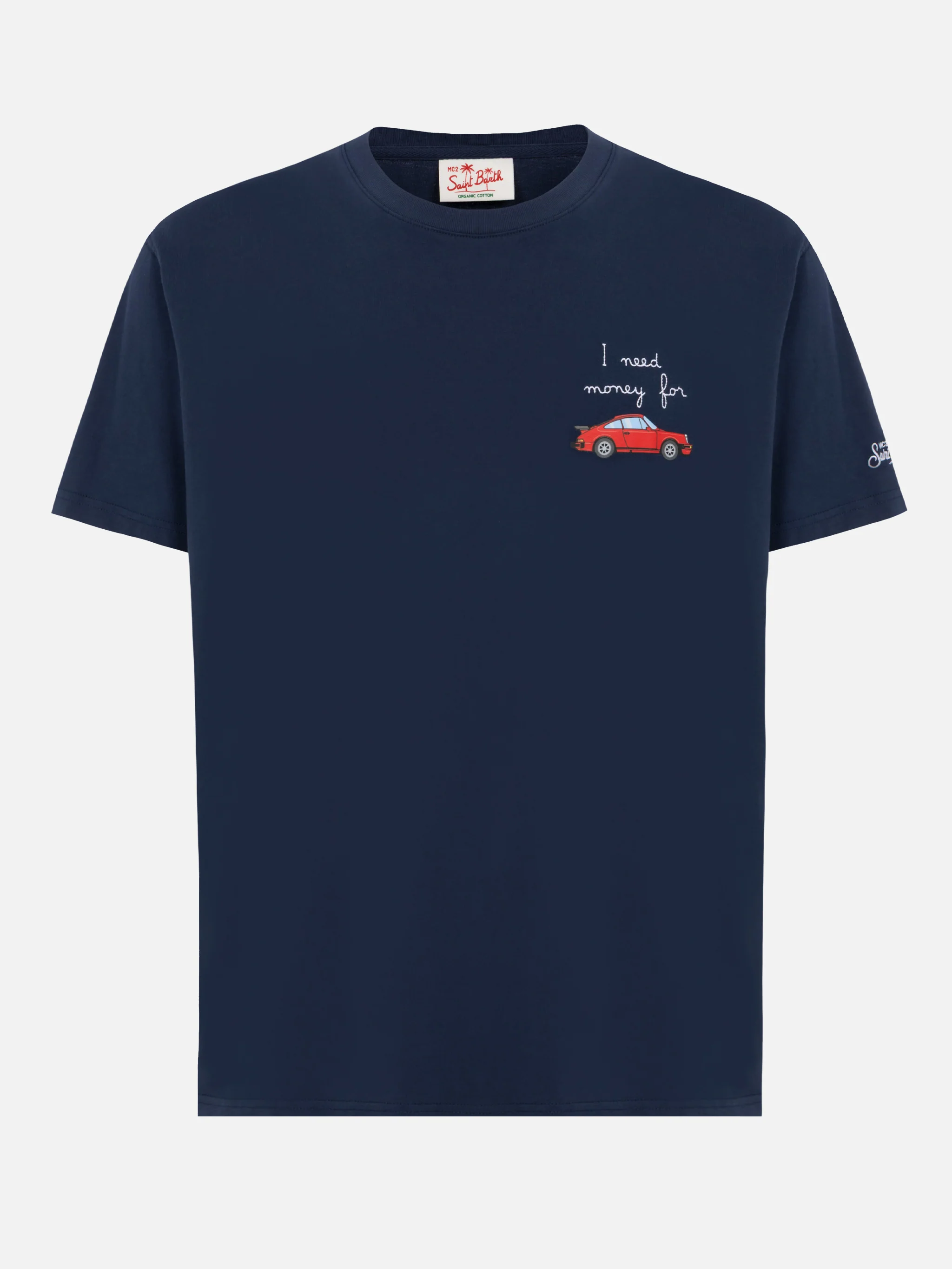 T-shirt met katoenen man en borduursel: Ik heb geld nodig voor…
