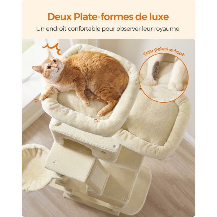 Cat Tree, 203.5 cm High, with 13 Scratching Posts, 2 Platforms, 2 Caves, Basket, Multi-Level Indoor Cat Tree, Beige