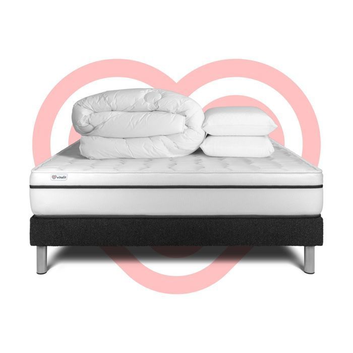 Juego de cama completo de 180x200 cm - Colchón + Base de cama negra (requiere montaje) + 2 almohadas + Edredón - Vital Spa Negro