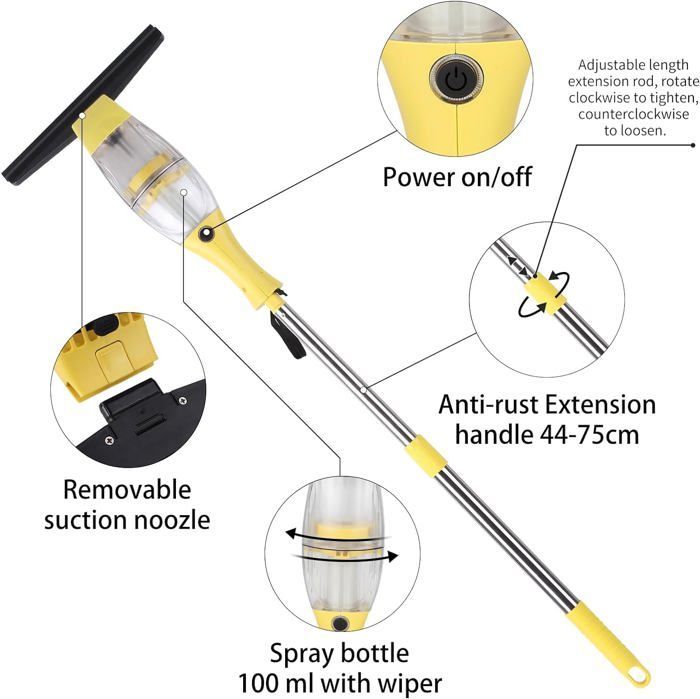 Aspirateur de vitres électrique sans fil, nettoyeur de vitres avec manche télescopique, buse d'aspiration de 28 cm