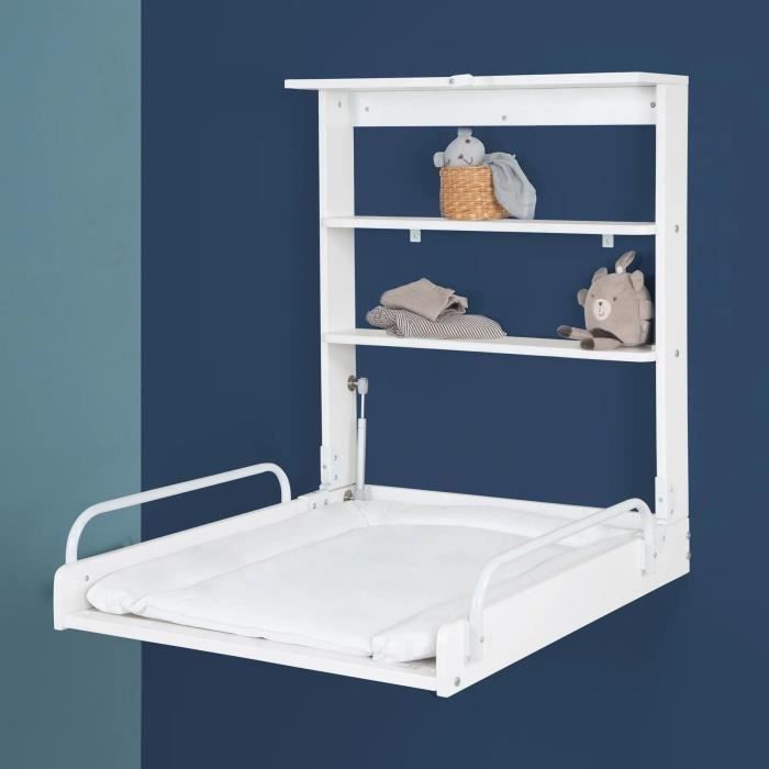ROBA Wall-Mounted Folding Changing Table - Waterproof Mattress Included - 2 Integrated Shelves - White Lacquered Wood