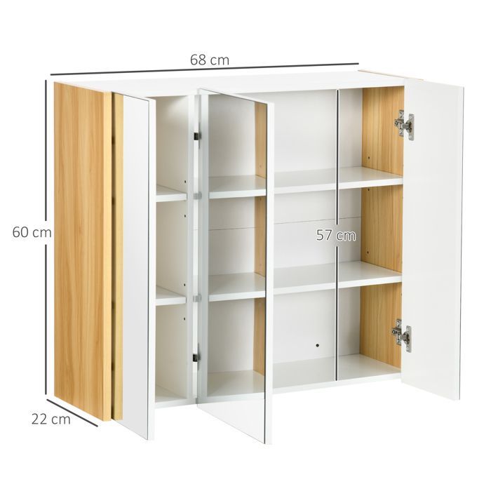 Armoire miroir - kleankin - salle de bain armoire de toilette 3 portes 4 étagères - bois - 68x22x60cm - blanc