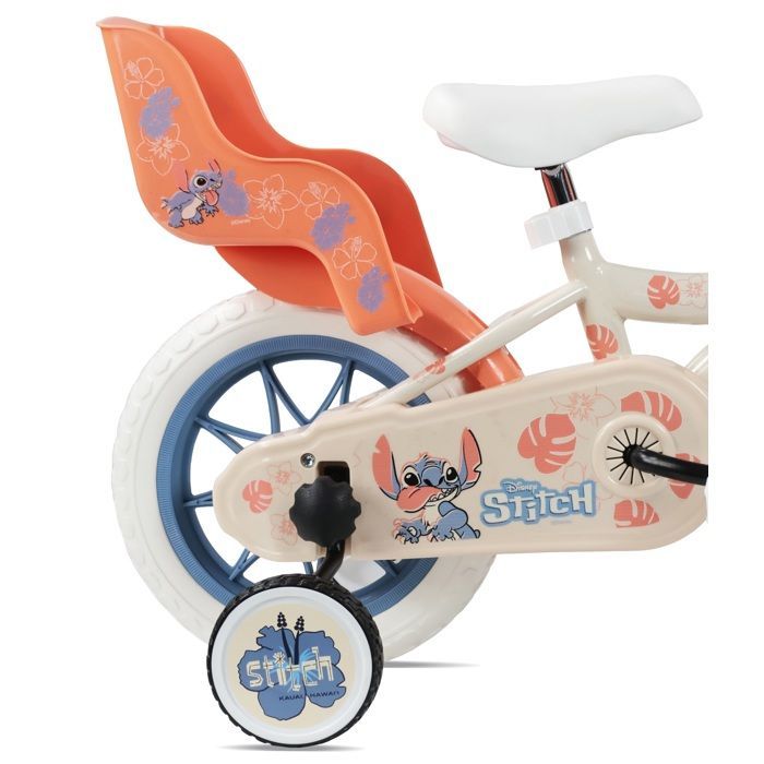 Vélo enfant 12'' STITCH / DISNEY (Taille enfant < 95 cm) avec 1 frein, panier avant, porte poupée, stabilisateurs & Casque inclus !