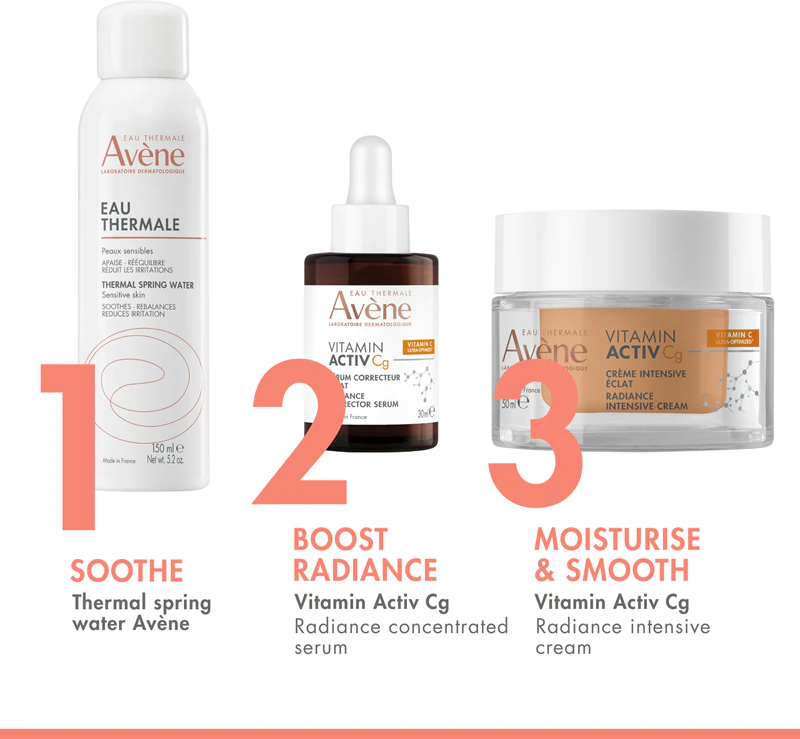 Avène Vitamin Activ CG Radiance Intensive Cream, een antirimpelcrème met vitamine C die de huid laat stralen.